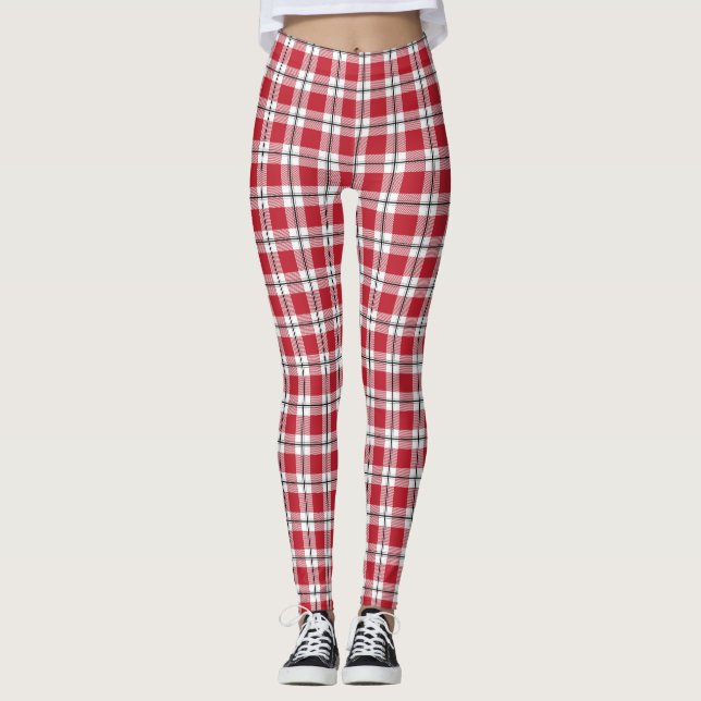 Red White & Black Vintage Plaid Flannel Pattern Leggings (Front)