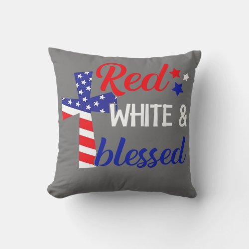 Red White Blessed 4th of July Cute Patriotic Throw Pillow