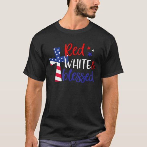 Red White Blessed American Jesus Cross Christian 4 T_Shirt