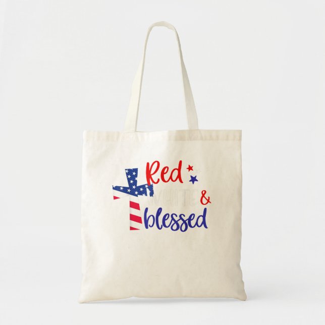 Red White Blessed American Jesus Cross Christian 4 Tote Bag (Front)