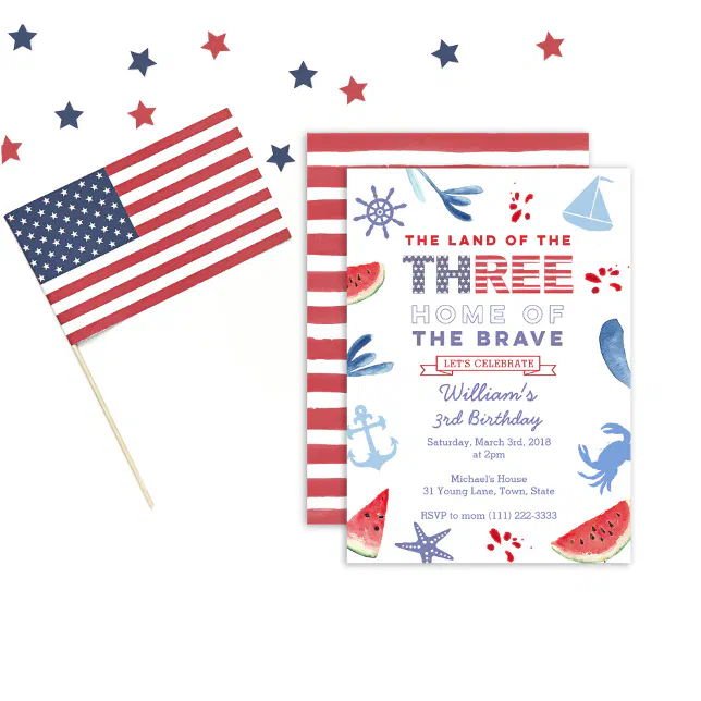 Red White Blue 3rd Birthday Shoreline Party Invitation | Zazzle
