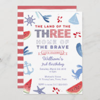 Red White Blue 3rd Birthday Shoreline Party Invitation