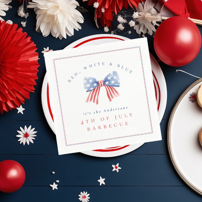 Red White Blue 4th of July BBQ Classic Preppy Bow Napkins (4th of july napkin with preppy american flag bow illustration and minimalist design)