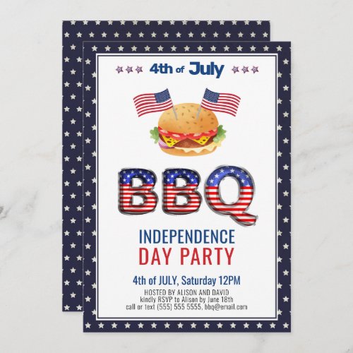 Red White Blue 4th of JULY BBQ Party Invitation