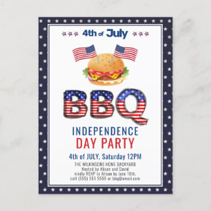 Red White Blue 4th of JULY BBQ Party Invitation Postcard