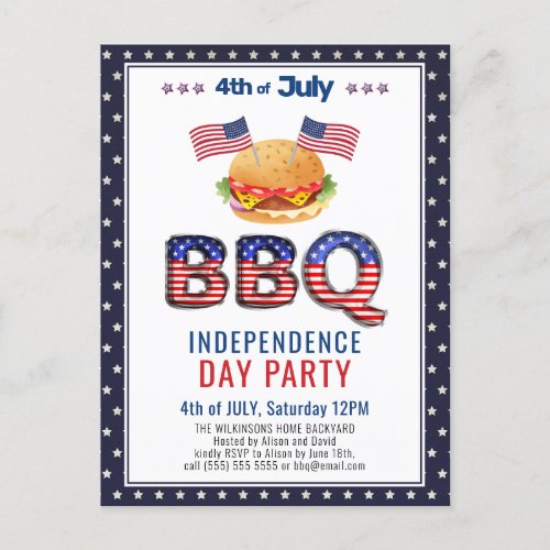 Red White Blue 4th of JULY BBQ Party Invitation Postcard