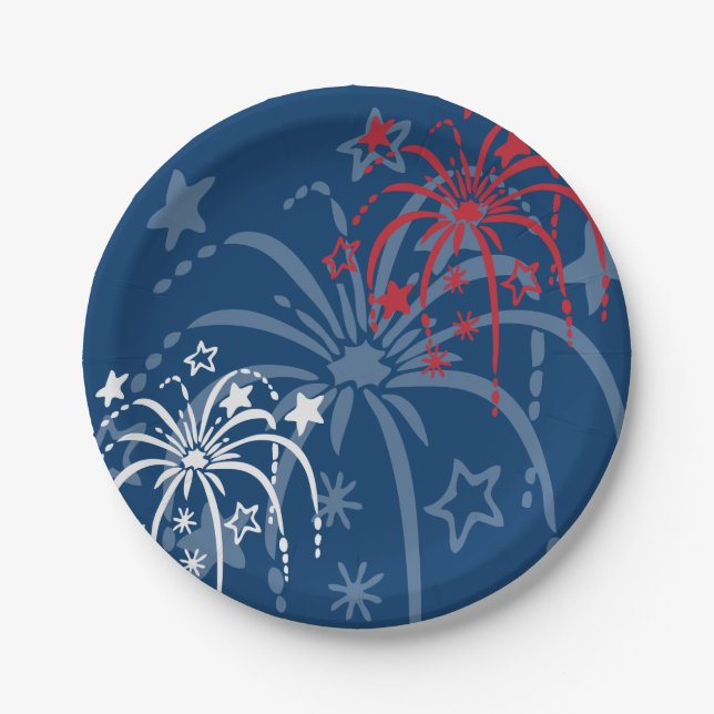 Red White & Blue 4th of July Fireworks Paper Plates (Front)