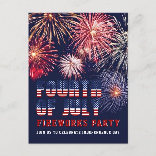 Red White Blue 4th of July Fireworks Party Invitation Postcard