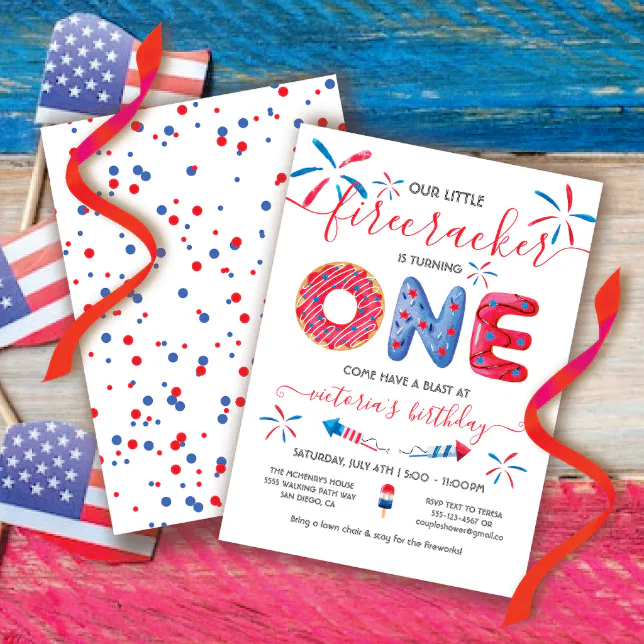 Red white & blue 4th of July First Birthday Donut Invitation | Zazzle