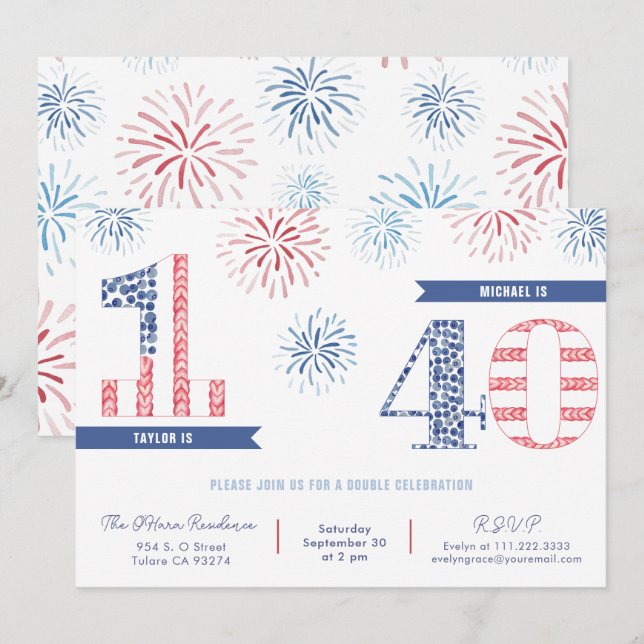 Red White Blue 4th Of July Joint Birthday Party Invitation (Front/Back)