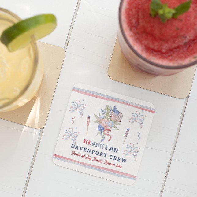 Red White & Blue | 4th of July Reunion Square Paper Coaster (Creator Uploaded)