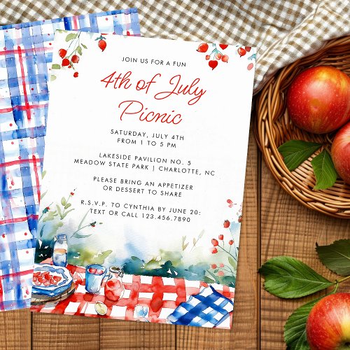 Red White Blue 4th of July Summer Picnic Invitation