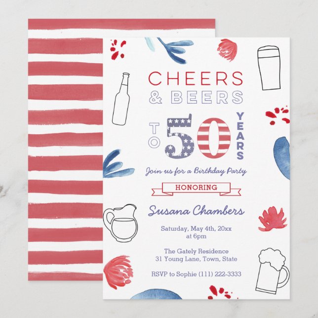 Red White Blue 50th Birthday Party Invitation (Front/Back)