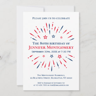 Red White Blue 80th Birthday Party Fireworks Invitation