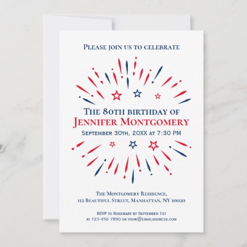 Red White Blue 80th Birthday Party Fireworks Invitation