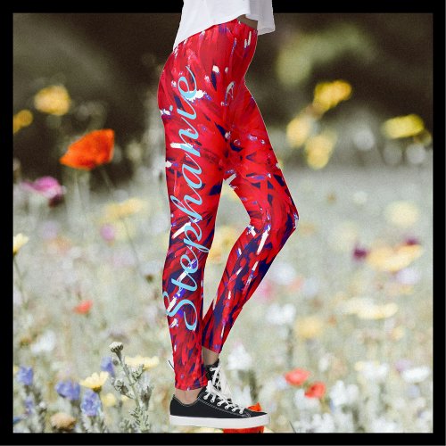 Red White Blue Abstract Personalized Name Leggings