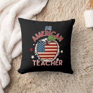 Red White Blue All American Teacher Apple Throw Pillow