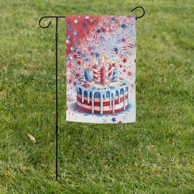 RED WHITE BLUE AMERICA BIRTHDAY CAKE GARDEN FLAG (In SItu)