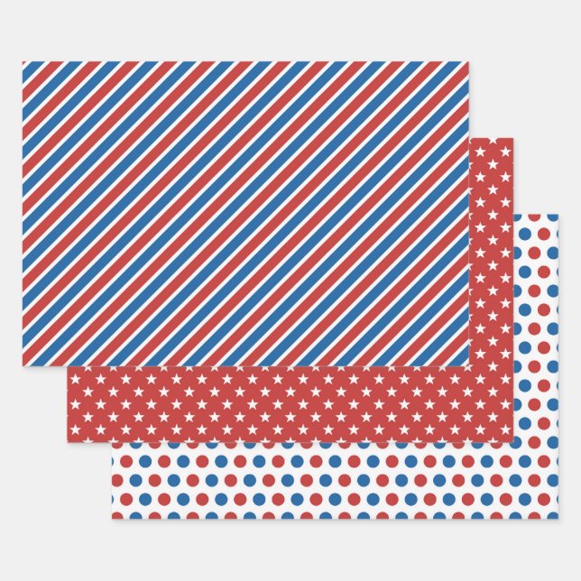 Red White Blue American 4th July Stars Stripes Wrapping Paper Sheets (Set)