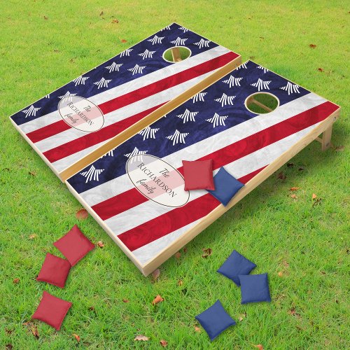 Red White Blue American flag family name Cornhole Set