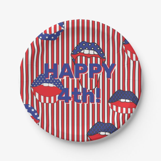 Red White Blue American Flag Mouth Paper Plates (Front)