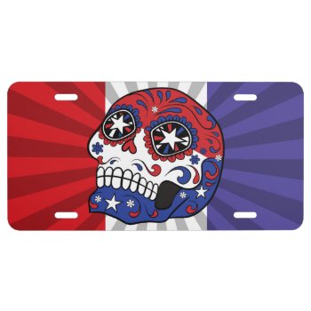 Red White Blue American Flag Patriotic Sugar Skull License Plate by TattooSugarSkulls at Zazzle