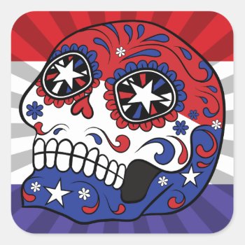 Red White Blue American Flag Patriotic Sugar Skull Square Sticker by TattooSugarSkulls at Zazzle