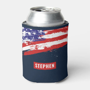 Red White Blue American Flag Soldier 4th of July Can Cooler