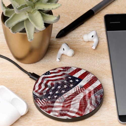 Red White Blue American Stripes Stars Flag Pattern Wireless Charger