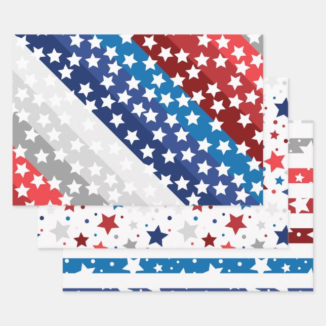 Red White Blue American USA 4th July Stars Stripes Wrapping Paper Sheets (Set)