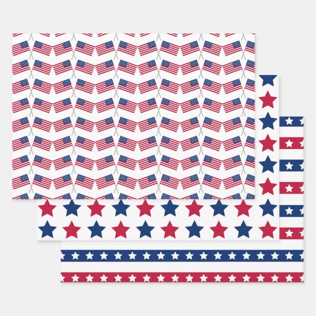 Red White Blue American USA Flags 4th July Stars Wrapping Paper Sheets (Set)
