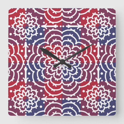 Red White Blue Americana Floral Mandala Square Wall Clock