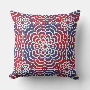 Red White Blue Americana Floral Mandala Throw Pillow