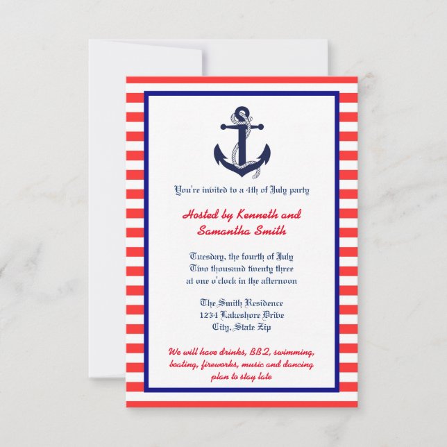 Red White & Blue Anchor - 3x5 Party Invitation (Front)