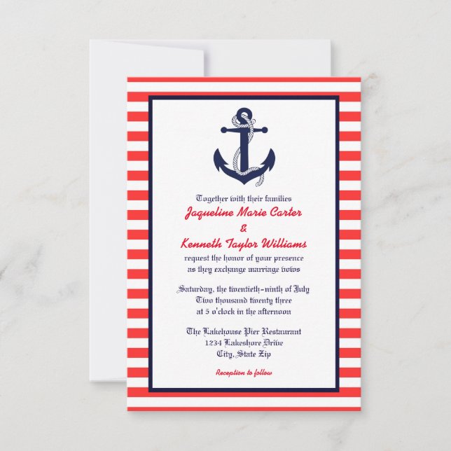 Red White & Blue Anchor - 3x5 Wedding Invitation (Front)