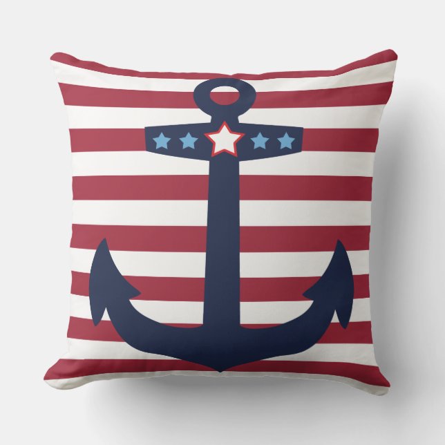 Red, White, Blue Anchor | Bold Red Stripe Nautical Outdoor Pillow (Front)