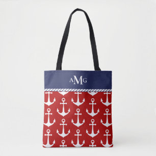 Red White Blue Anchor Pattern Monogram Nautical Tote Bag