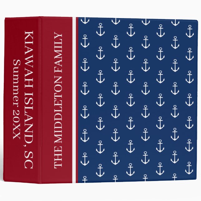 Red White Blue Anchor Personalized Vacation 3 Ring Binder (Front/Spine)