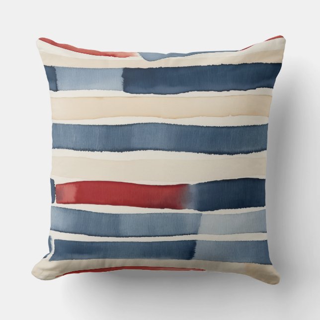 Red White blue and beige Abstract stripes Throw Pillow (Front)