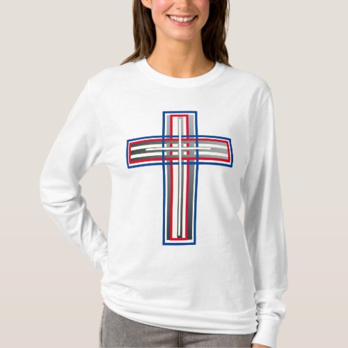 Red White Blue and Siver Layered Cross  T_Shirt