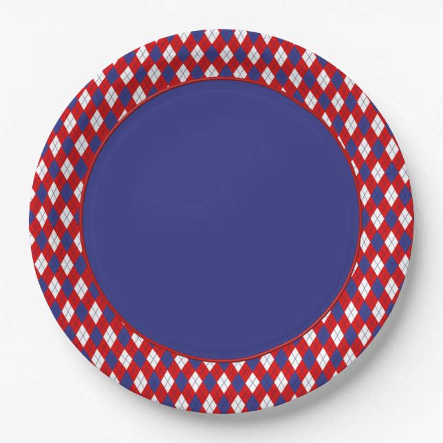 Red,White, Blue Argyle 1-PAPER PLATES, blue Paper Plates (Front)
