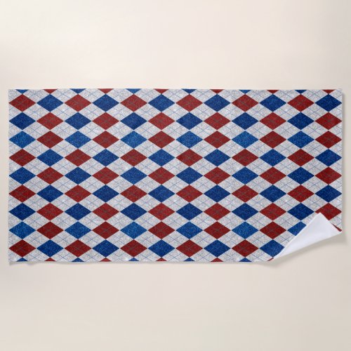 Red White Blue Argyle July 4 Glitter Beach Towel