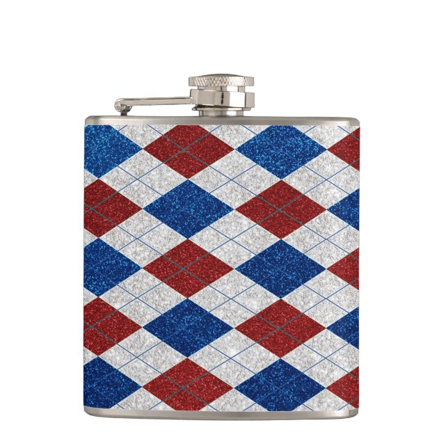Red, White, Blue Argyle July 4 Glitter Flask (Front)