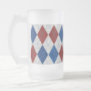 Red, White, Blue Argyle July 4 Glitter Frosted Glass Beer Mug