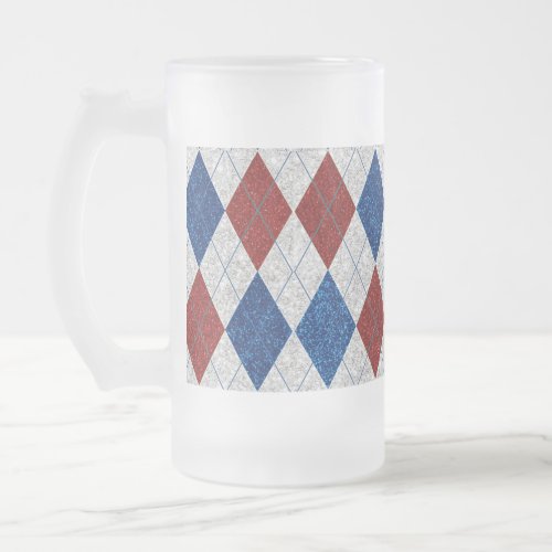 Red White Blue Argyle July 4 Glitter Frosted Glass Beer Mug