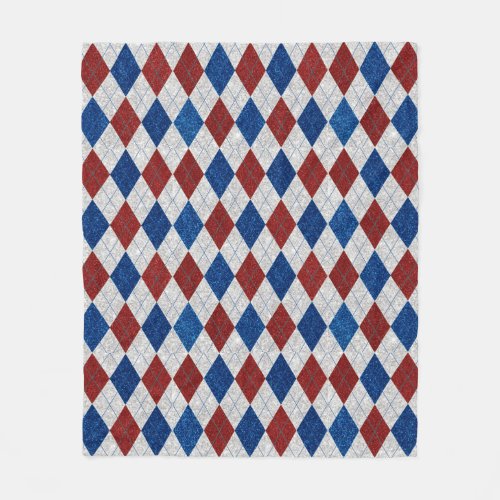 Red White Blue Argyle July 4 Glitter Picnic Fleece Blanket