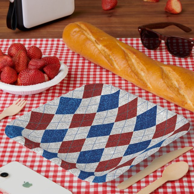 Red, White & Blue Argyle July 4th Glitter Paper Plates (Picnic)