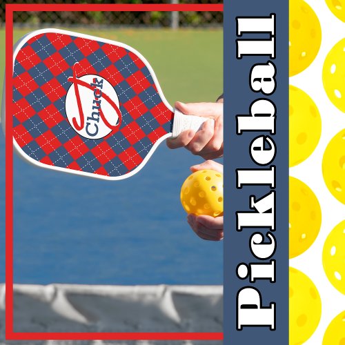 Red White  Blue Argyle Monogrammed Personalized  Pickleball Paddle