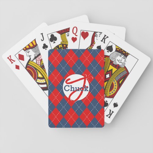 Red White  Blue Argyle Monogrammed Personalized  Playing Cards