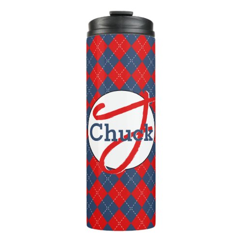 Red White  Blue Argyle Monogrammed Personalized  Thermal Tumbler